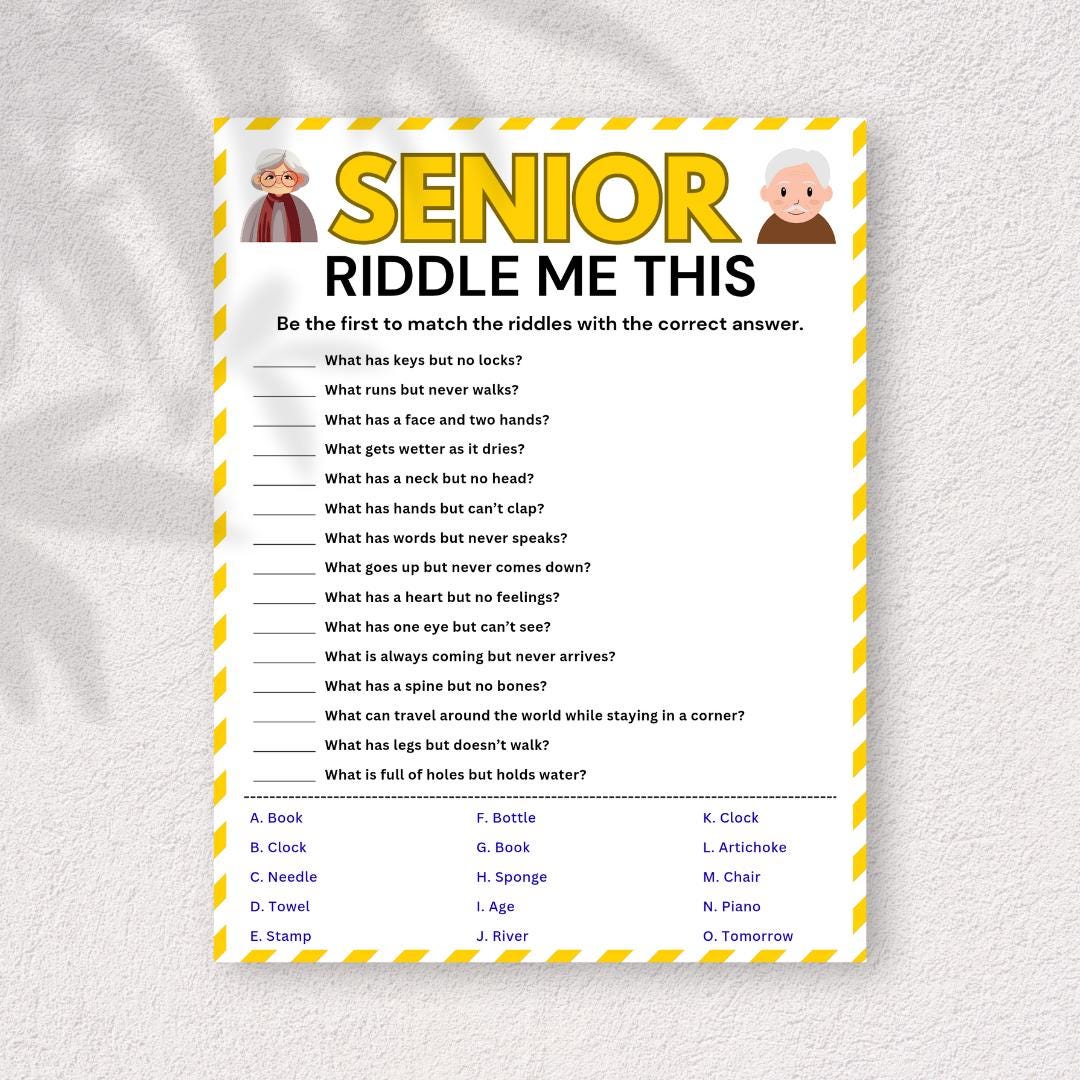 Senior Riddle Printabl Senior Riddle Game, Riddle Me This Matching Game, Brain Teaser Game for ...