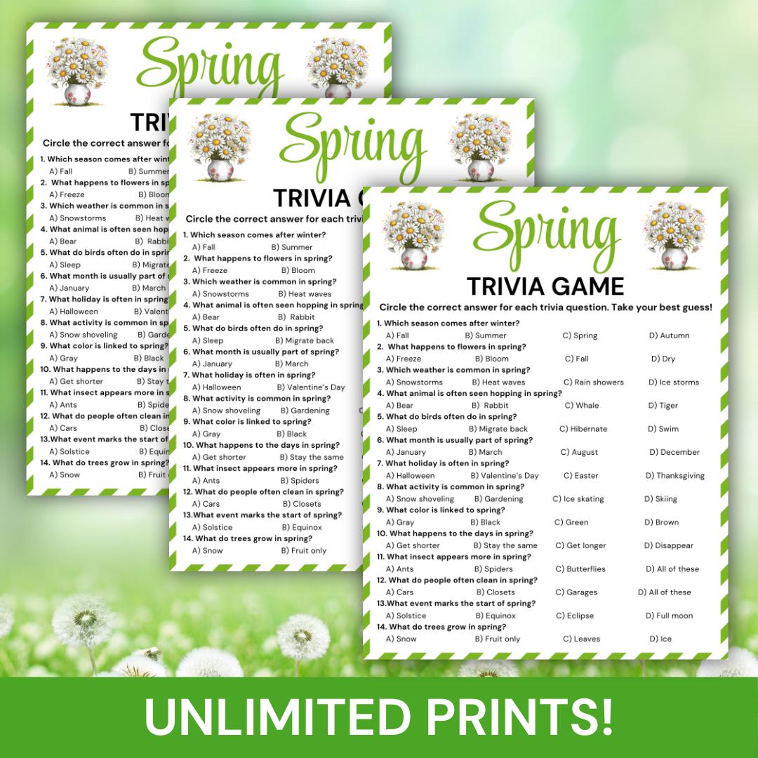 Spring Trivia Game, Printable Spring Trivia Quiz for Kids & Adults, Fun ...