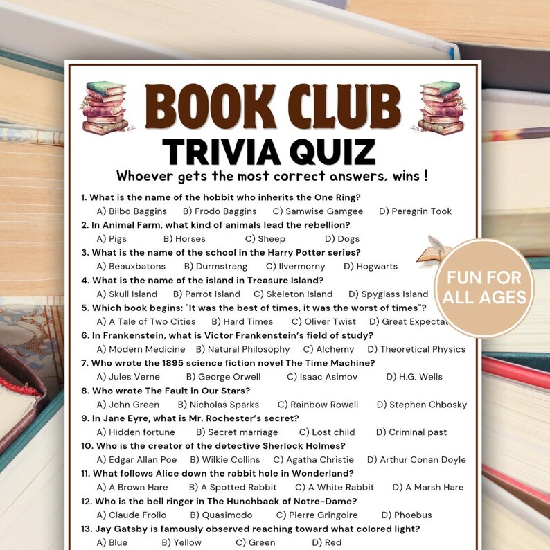 Book Club Trivia Game Printable, Book Quiz Game, Literary Trivia, Book ...