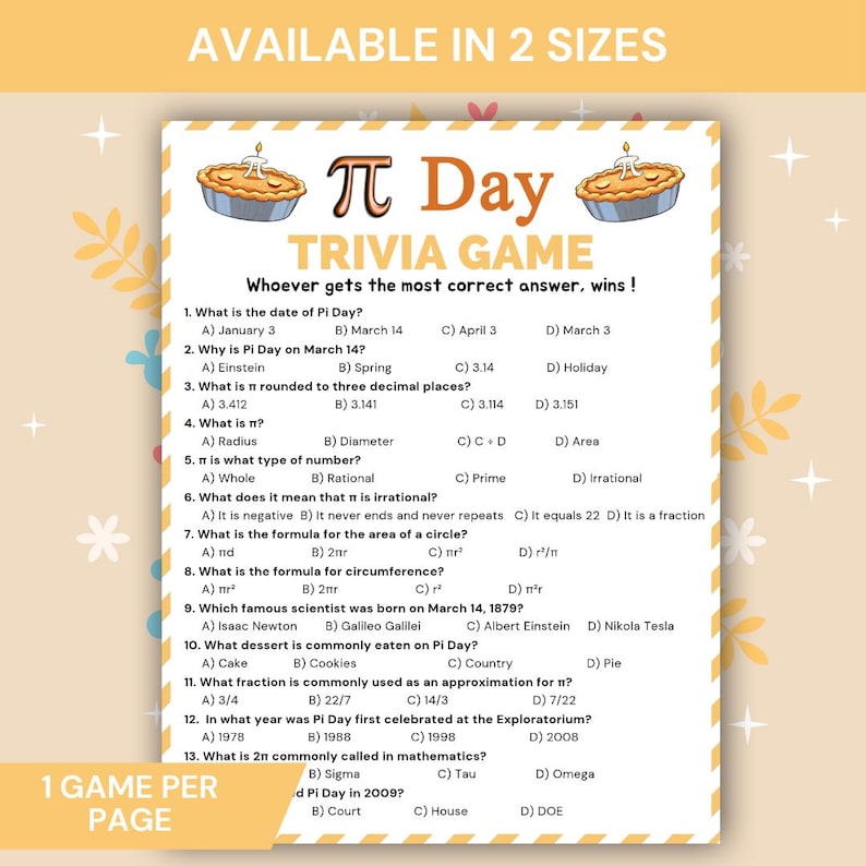Pi Random Trivia Pi Day Trivia Game Printable, Math Classroom Pi Day Quiz, March 14 ...