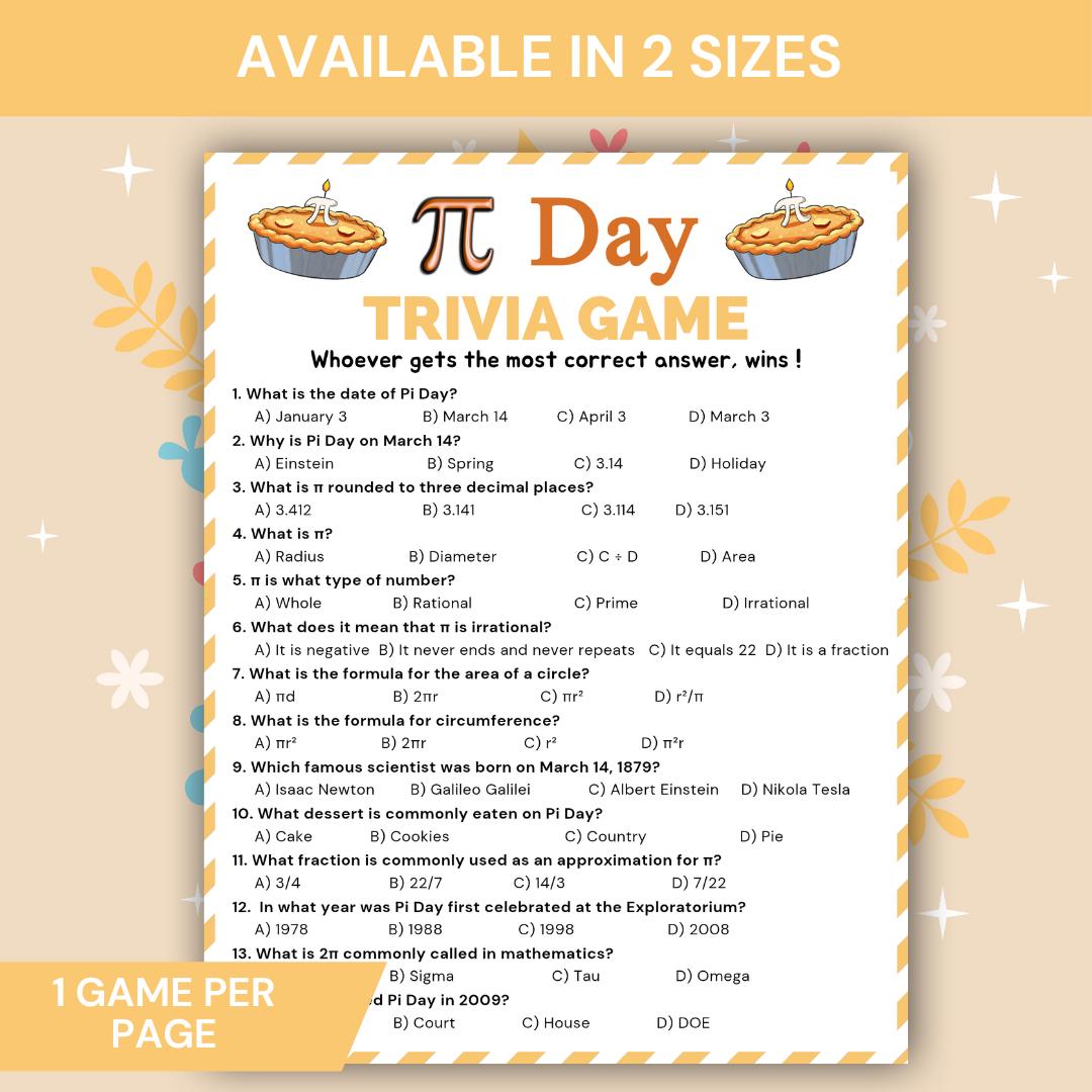 Pi Day Trivia Game Printable, Math Classroom Pi Day Quiz, March 14 ...