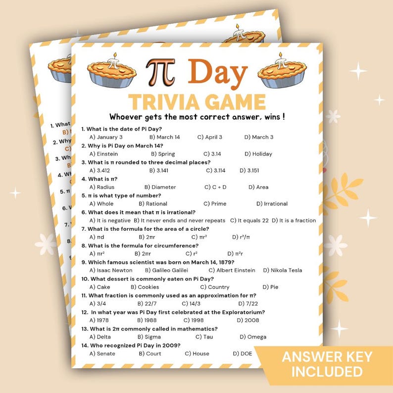 Pie Math Questions Pi Day Trivia Game Printable, Math Classroom Pi Day Quiz, March 14 ...