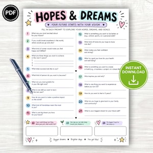 May include: A printable Hopes & Dreams worksheet featuring twenty-four numbered prompts for goal setting. The document includes a black pen, a PDF icon, and a green instant download circle. The layout is decorated with stars, hearts, and text.