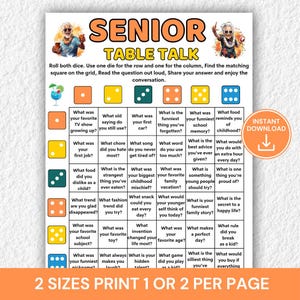 Puede incluir: Una hoja de juego Senior Table Talk con una cuadrícula de preguntas de conversación. El encabezado incluye el título, ilustraciones de dos personas mayores e iconos de dados. La cuadrícula usa cuadrados de dados de colores para las preguntas.