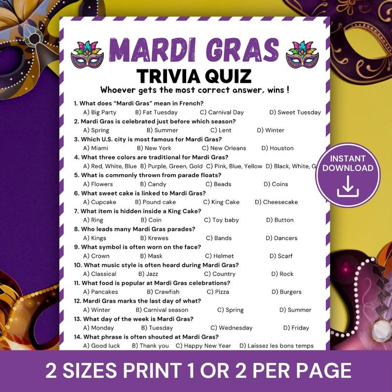 Mardi Gras Trivia Game, Printable Fat Tuesday Quiz, Fun Group Mardi ...