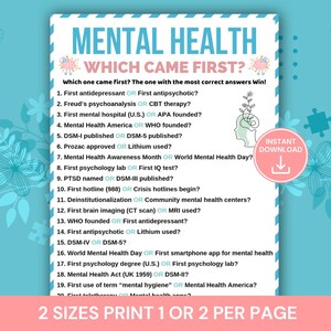 Pode incluir: Um jogo de perguntas e respostas imprimível sobre saúde mental com um design azul-petróleo e branco. O título "MENTAL HEALTH" está no topo, com a pergunta "WHICH CAME FIRST?" abaixo. Inclui uma lista de perguntas e respostas.