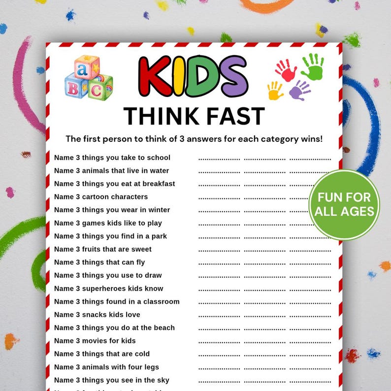 Kids Think Fast Game Printable, Fun Think Quick Game for Kids, Kids ...