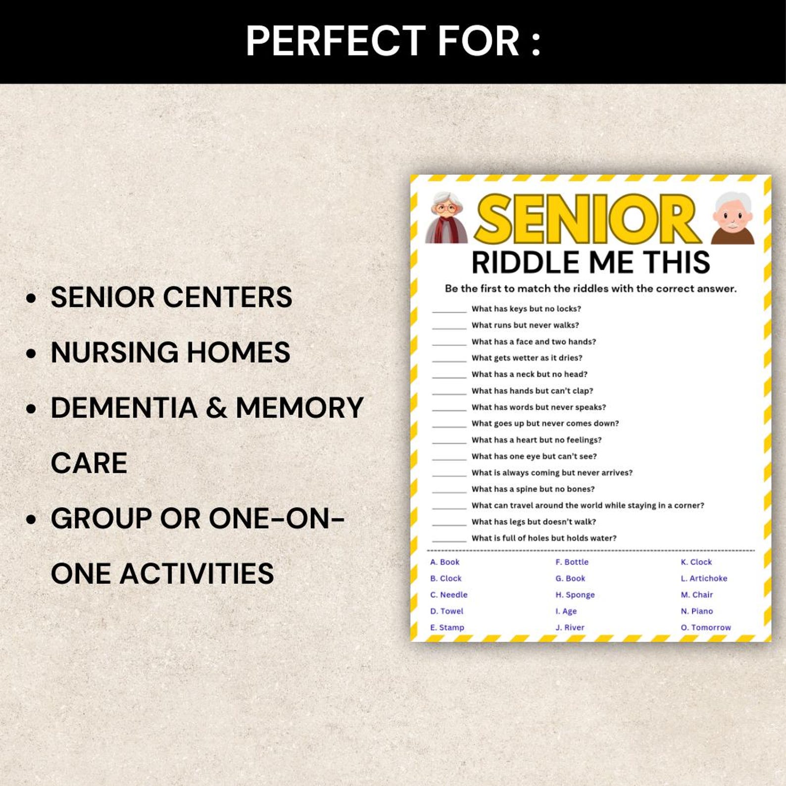 Senior Riddle Printabl Senior Riddle Game, Riddle Me This Matching Game, Brain Teaser Game for ...