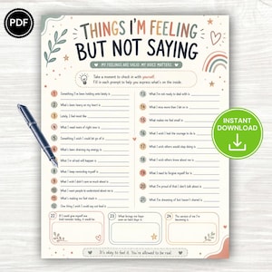 Può includere: Una pagina stampabile per un diario di salute mentale intitolata Things I'm Feeling But Not Saying, con ventiquattro spunti di scrittura numerati, una penna nera e illustrazioni di foglie, stelle e un arcobaleno su uno sfondo color crema.