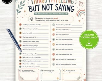 May include: A printable mental health journal page titled Things I'm Feeling But Not Saying, featuring twenty-four numbered writing prompts, a black pen, and decorative illustrations of leaves, stars, and a rainbow on a cream background.