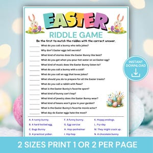 Puede incluir: Un juego de adivinanzas de Pascua imprimible con texto e ilustraciones coloridas. El juego presenta preguntas sobre el Conejo de Pascua y los huevos, con opciones de respuesta a continuación. Las palabras "EASTER" y "RIDDLE GAME" se muestran de forma destacada. También se ve el texto "2 SIZES PRINT 1 OR 2 PER PAGE".