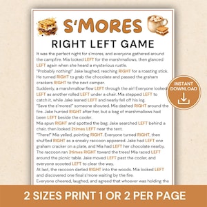 May include: A printable S'mores Right Left Game sheet featuring a story with highlighted directional words, watercolor illustrations of s'mores and a mug, and an Instant Download badge. The text includes instructions for 2 sizes per page.