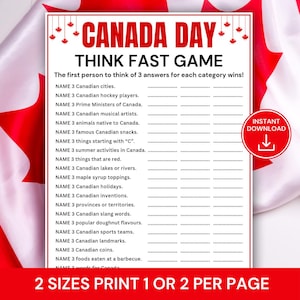May include: A white printable Canada Day game sheet with red text and maple leaf accents. The game includes categories like Canadian cities, hockey players, and snacks. Features an "Instant Download" button and text that says "2 Sizes Print 1 or 2 per page".