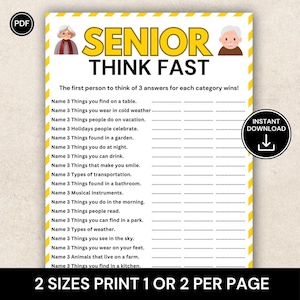 Senior Think Fast Game, Easy Word Game for Seniors, Quick Thinking Brain Activity, Senior Center & Retirement Game, Printable Senior Fun