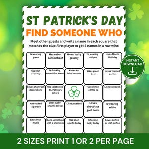 Op de afbeelding: Een St. Patrick's Day-partyspel met een groen en wit ontwerp. Het spel heet "Vind iemand die" en bevat verschillende prompts zoals "Draagt groen" en "Houdt van Ierse muziek". Het spel is verkrijgbaar in twee maten.