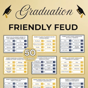 Op de afbeelding: Een "Friendly Feud" spel met een afstudeerthema. Het spel bevat kaarten met vragen en antwoorden over afstuderen, zoals wat studenten drinken om wakker te blijven en welke cadeaus afgestudeerden willen. Het spel heeft een zwart-gouden kleurenschema.