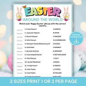 May include: A printable Easter game with the title "Easter Around the World." The game features a matching activity with Easter greetings in different languages. Includes colorful text and illustrations of Easter bunnies and eggs.