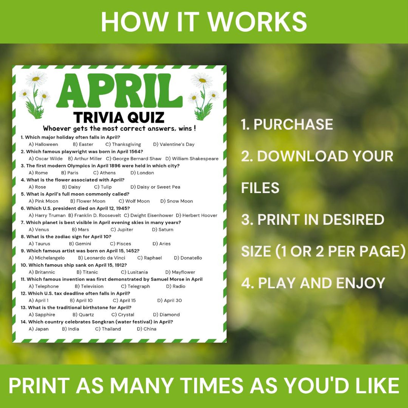 April Trivia Game Printable, Spring Trivia Quiz Game, Easter Party Game ...