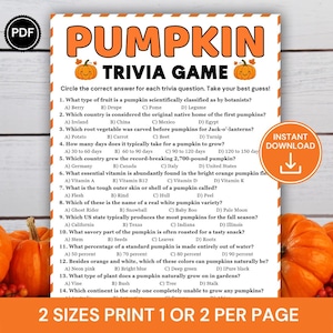 May include: A printable Pumpkin Trivia Game sheet featuring orange text, two cartoon pumpkin illustrations, and fourteen multiple-choice questions about pumpkins. The document includes a PDF icon and an orange Instant Download circle badge.