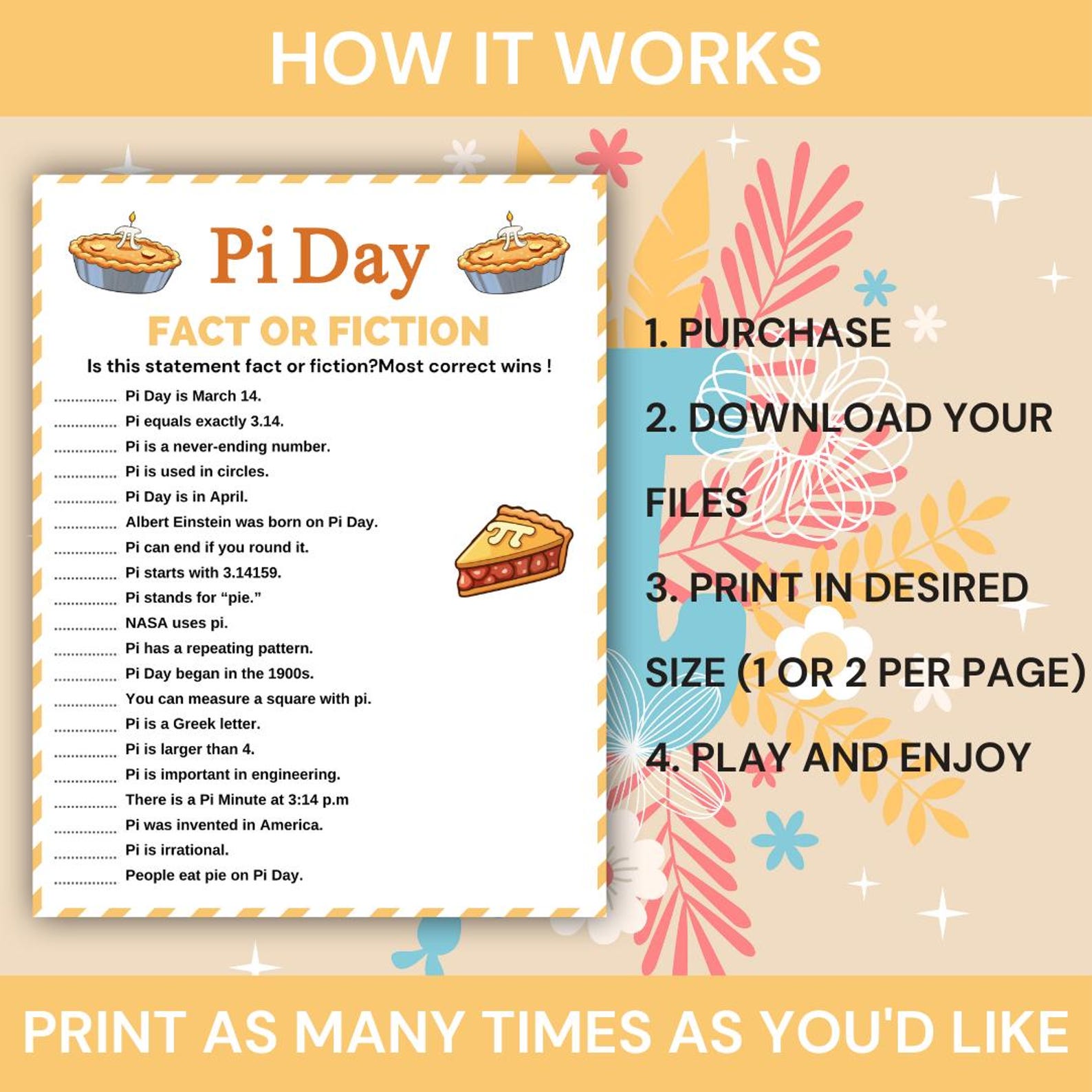 Pi Random Trivia Pi Day Fact or Fiction Game Printable, Math Pi Day Activity, March 14 ...