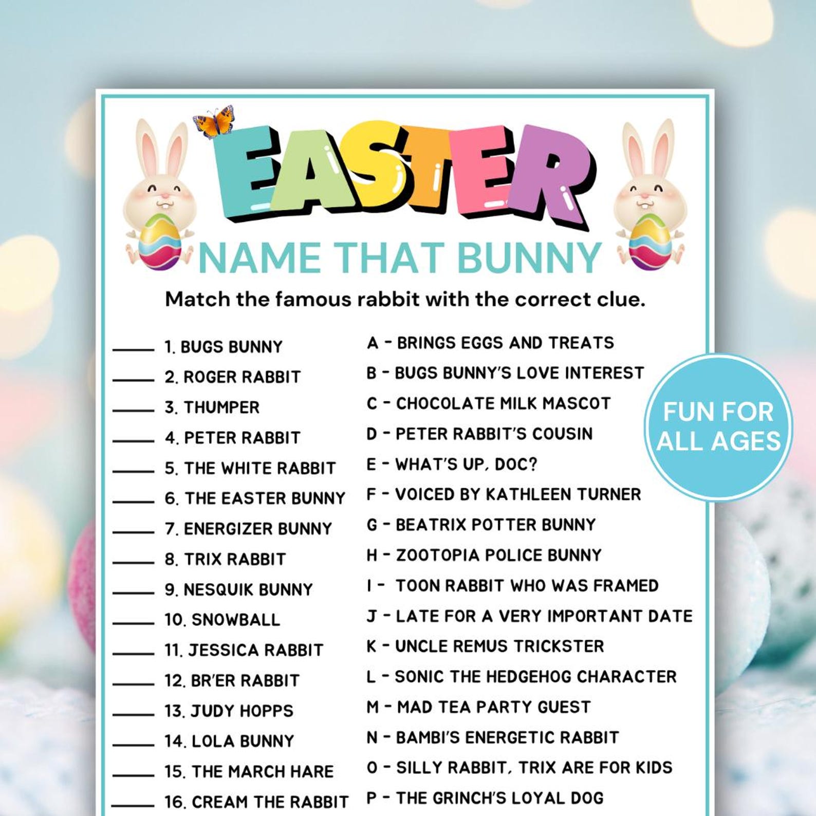 Easter Name That Bunny Game Printable, Fun Easter Matching Game for ...