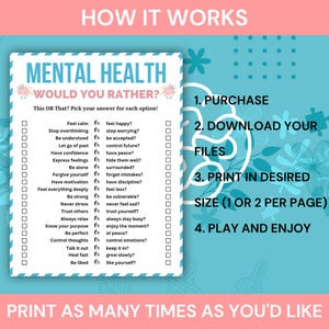 Może przedstawiać: Niebiesko-zielona i biała gra Mental Health Would You Rather z listą pytań. Kroki, aby użyć gry, są wymienione: Kup, Pobierz, Wydrukuj i Graj. Tekst &bdquo;Drukuj tyle razy, ile chcesz&rdquo; znajduje się na dole.