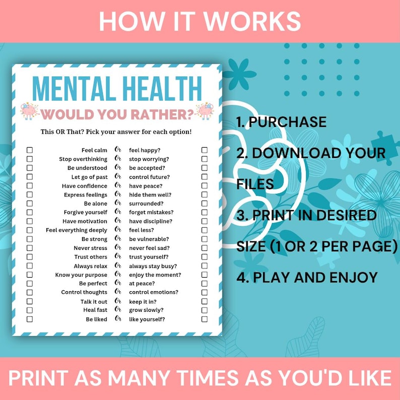 Może przedstawiać: Niebiesko-zielona i biała gra Mental Health Would You Rather z listą pytań. Kroki, aby użyć gry, są wymienione: Kup, Pobierz, Wydrukuj i Graj. Tekst &bdquo;Drukuj tyle razy, ile chcesz&rdquo; znajduje się na dole.