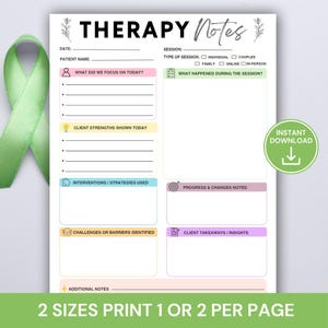 May include: A therapy notes template featuring sections for date, patient name, session type, and focus areas. The document includes colorful headers for client strengths, interventions, progress, and takeaways, with a light green awareness ribbon.
