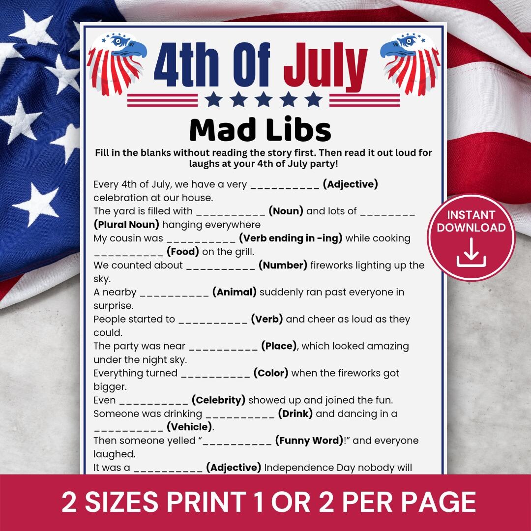 4th of July Mad Libs Game Printable, Fourth of July Party Game ...