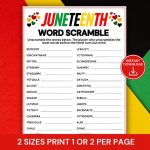 Könnte beinhalten: Ein Juneteenth-Wortsuchspiel mit rotem, gelbem und grünem Farbschema. Das Spiel enthält eine Liste von durcheinandergebrachten Wörtern zum Entwirren. Die Wörter sind auf weißem Hintergrund mit dem Text "Juneteenth" oben gedruckt.