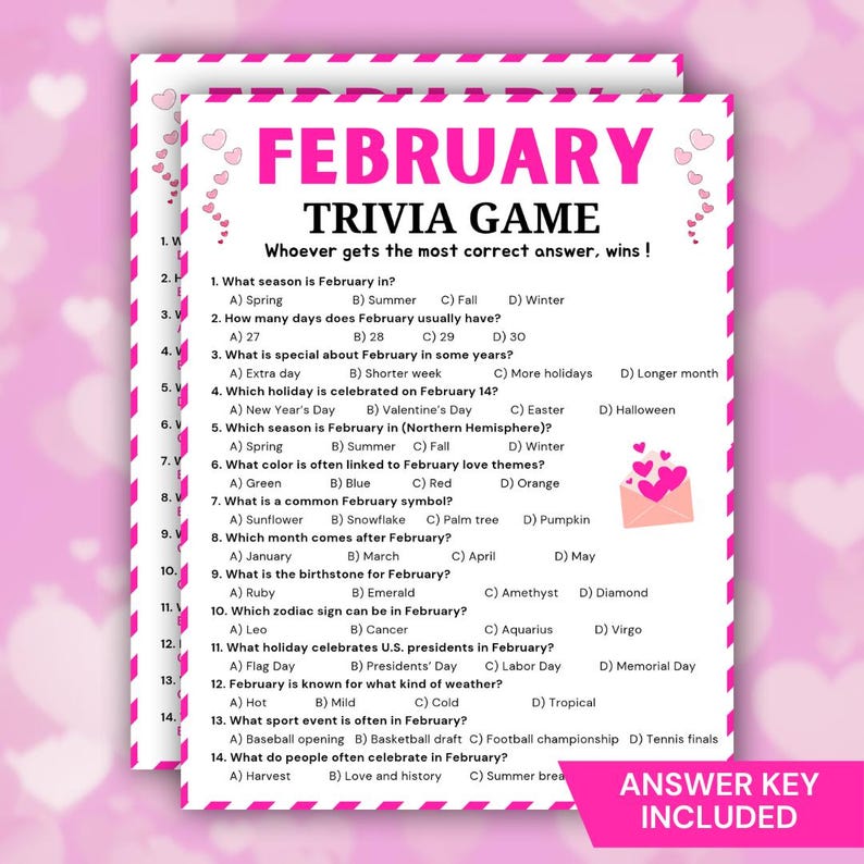 February Fun Riddle Game February Trivia Game, Printable Winter & Valentine Trivia Quiz, Fun ...