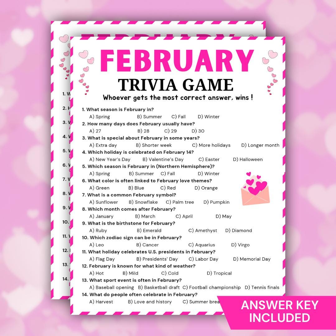 February Trivia Game, Printable Winter & Valentine Trivia Quiz, Fun ...