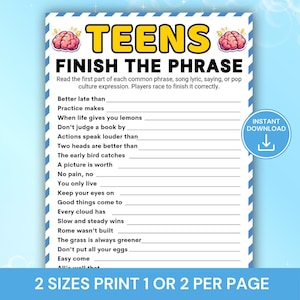 Puede incluir: Una hoja de juego blanca titulada TEENS FINISH THE PHRASE con bordes de rayas azules e ilustraciones de cerebros rosas. La hoja enumera frases comunes con líneas en blanco para completar, incluyendo Better late than, Practice makes y When life gives you lemons.