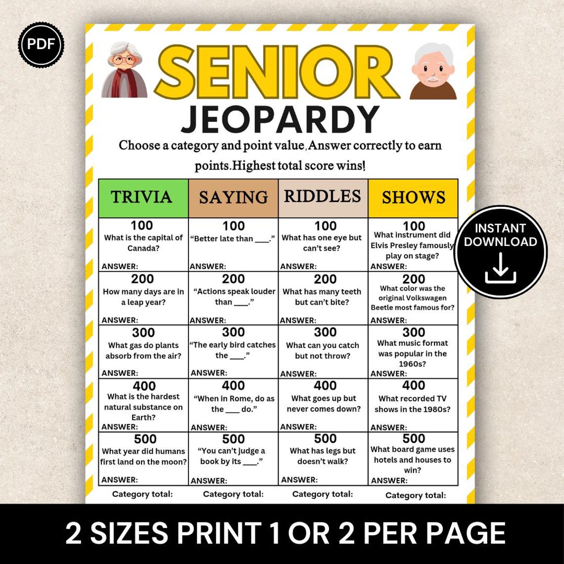 Tv Stand Riddles Senior Jeopardy Game Printable, Fun Trivia Game for Seniors Group ...