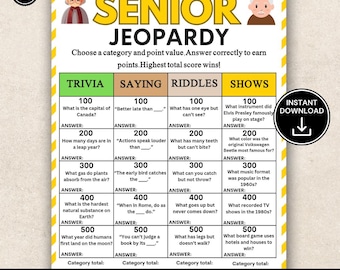 Senior Jeopardy Game Printable, Fun Trivia Game for Seniors Group, Senior Riddles & Classic TV Trivia, Elderly Activity Icebreaker
