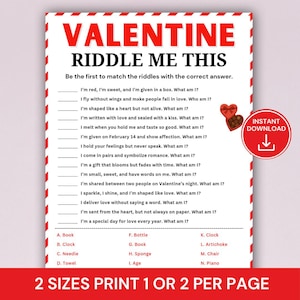 Puede incluir: Un juego imprimible con temática de San Valentín con el texto "VALENTINE RIDDLE ME THIS". El juego incluye acertijos y opciones de respuesta. Un borde rojo y blanco enmarca la página, con un botón rojo de "DESCARGA INSTANTÁNEA".