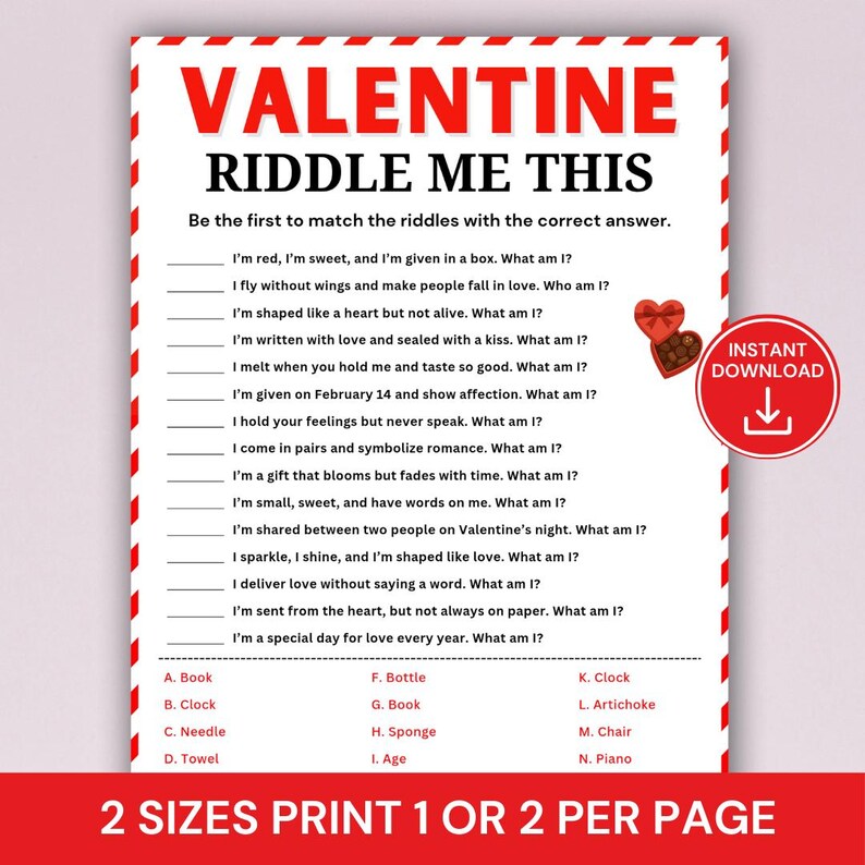 Love Riddle Answer Valentine’s Day Riddles Game, Love Riddle Quiz, Printable Valentine ...