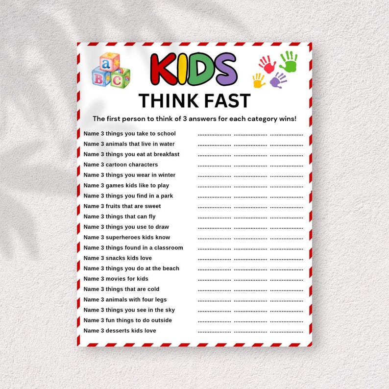 Fun Think Sign Kids Think Fast Game Printable, Fun Think Quick Game for Kids, Kids ...