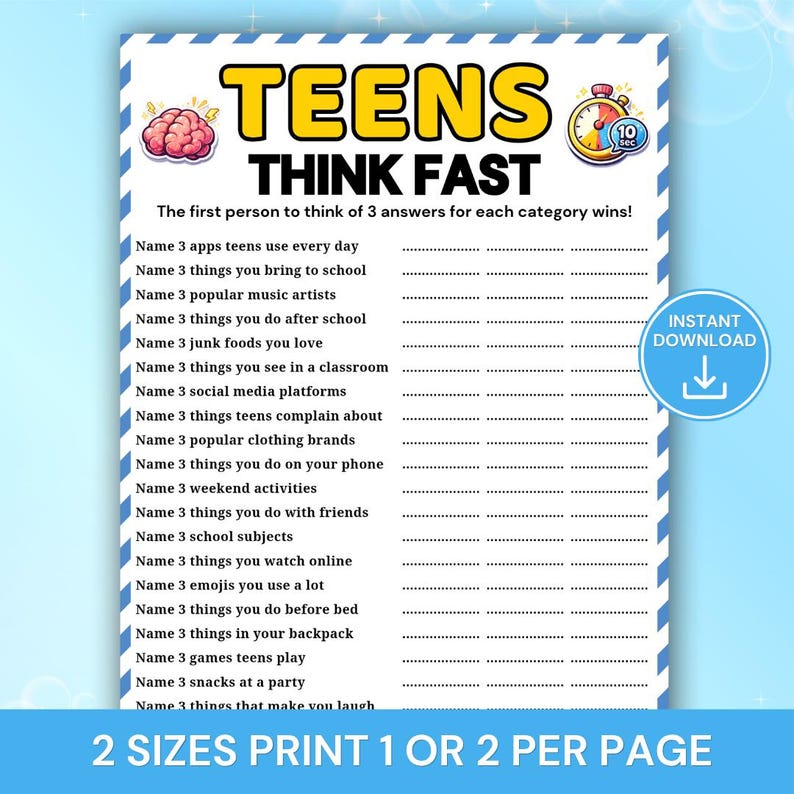 Teens Think Fast Game Printable, Teen Party Game, Quick Thinking