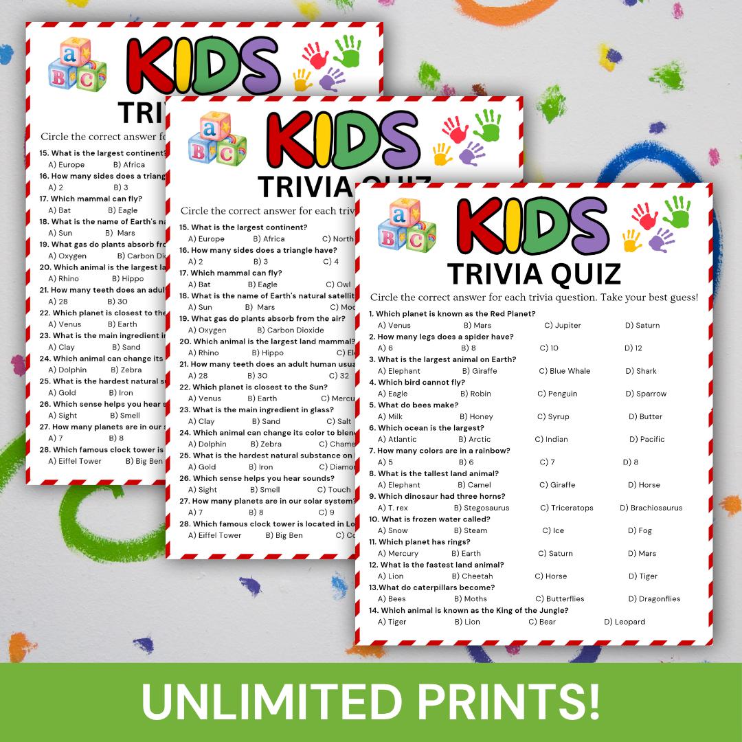 Kids Trivia Game, Printable Kids Quiz, Fun Trivia Questions for