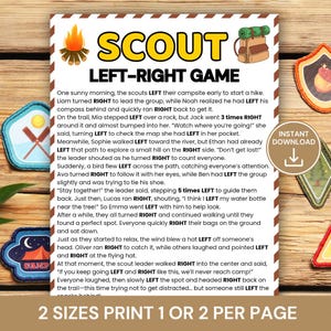 Op de afbeelding: Een printbaar "Scout Links-Rechts Spel" bord met een kampvuurafbeelding, een rugzak en scout badges. De tekst beschrijft een spel met aanwijzingen als "links" en "rechts". Het bord is ontworpen om in twee formaten te worden afgedrukt.