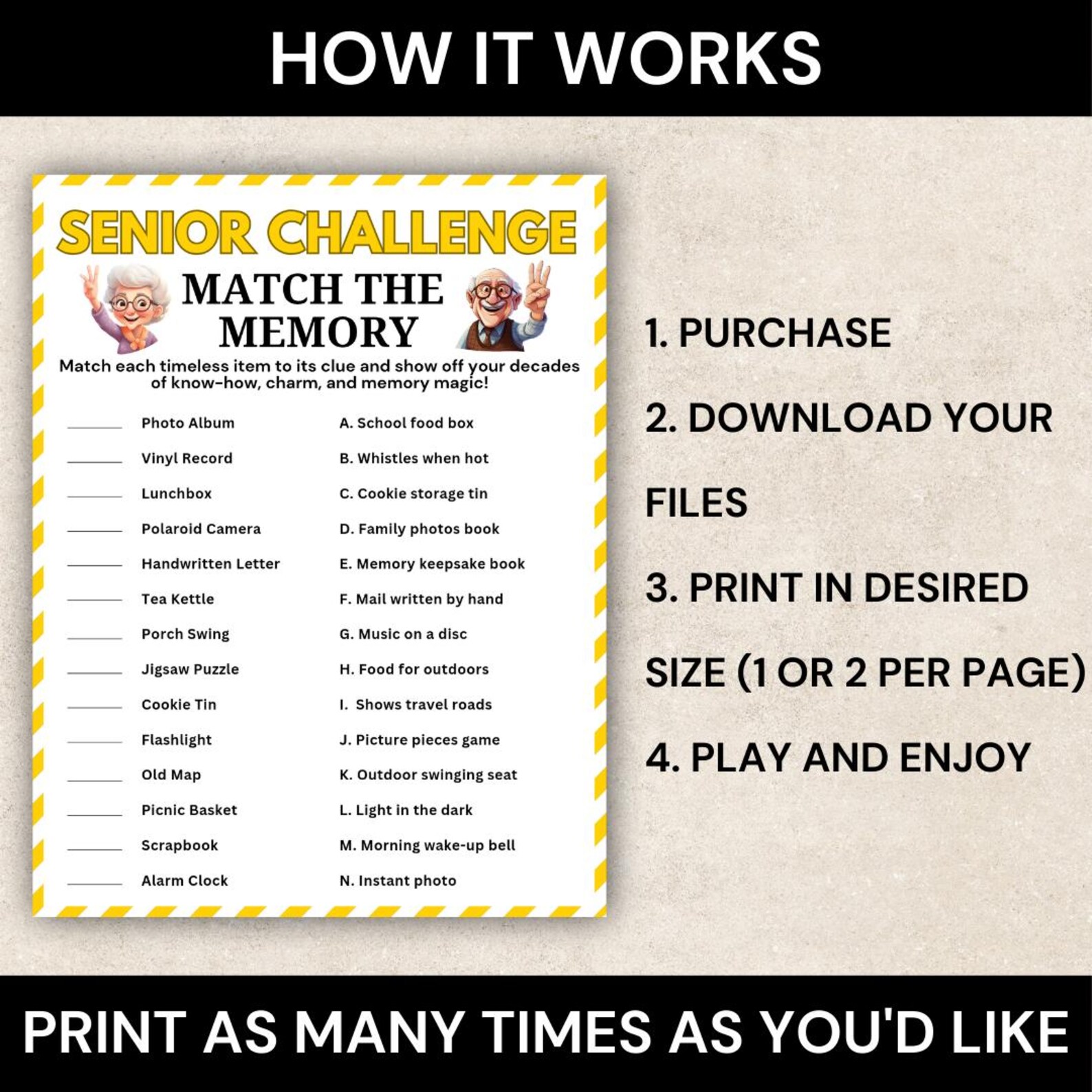 Senior Match the Memory Game, Printable Senior Activity Game, Memory