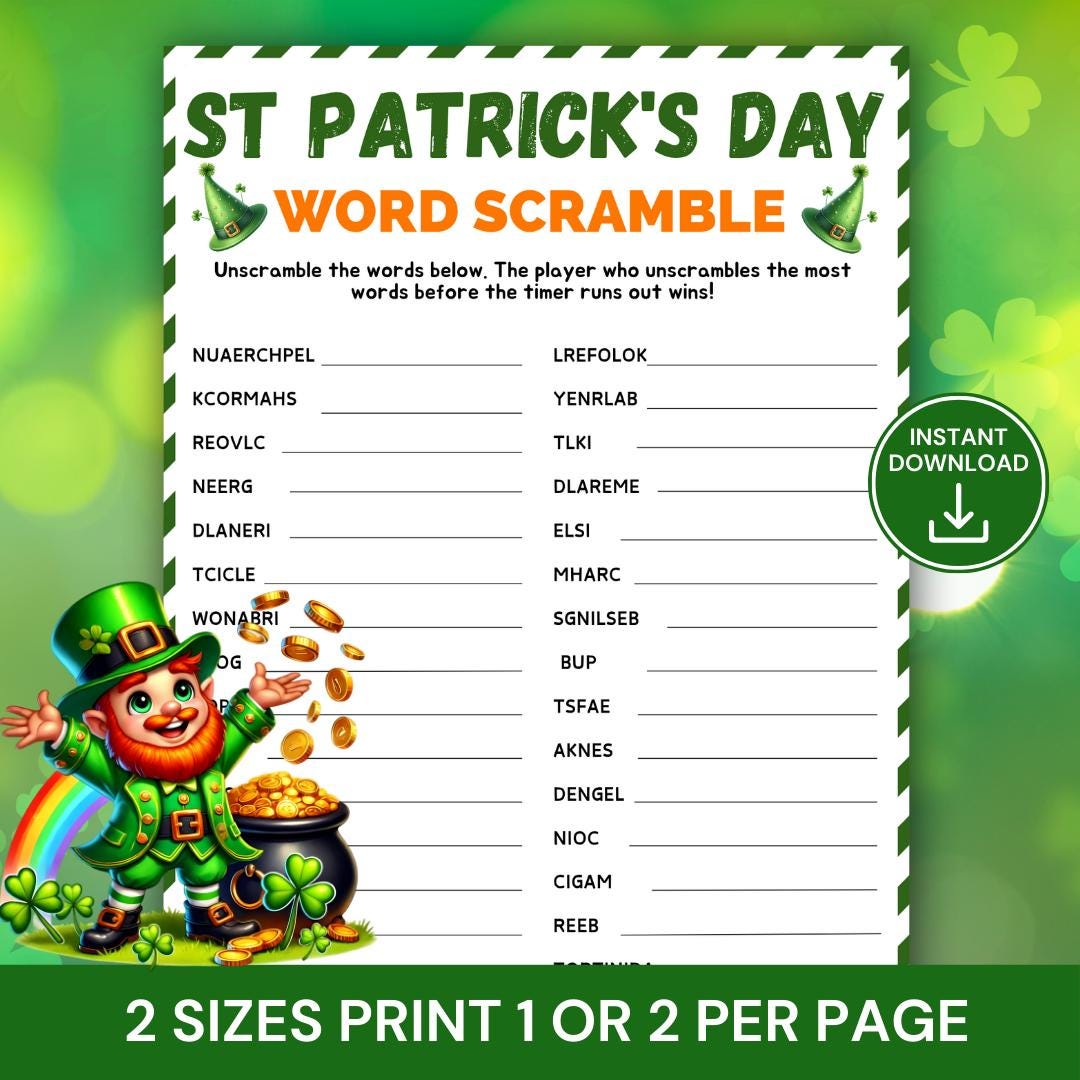 St. Patrick’s Day Word Scramble Game, Printable Irish Party Game, St ...