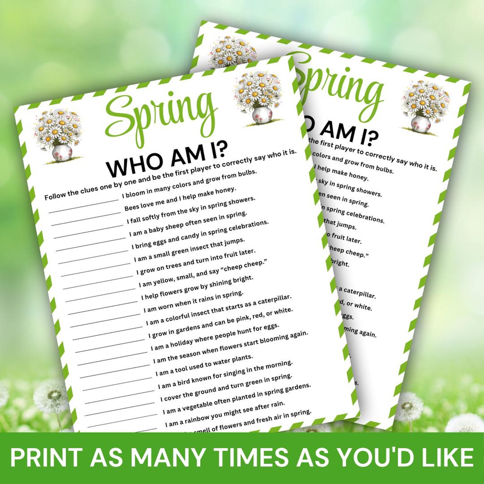 Spring Who Am I Game Printable, Spring Party Guessing Game, Spring ...