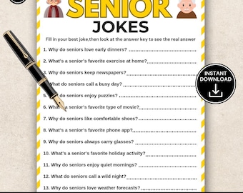 May include: A printable Senior Jokes game sheet with a yellow and white border. The sheet includes a list of questions and the title "SENIOR JOKES" in large yellow letters. A black pen is in the upper left corner. The words "INSTANT DOWNLOAD" are in a black circle.