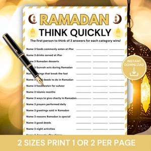May include: A printable Ramadan game with the title "Ramadan Think Quickly" in gold lettering. The game includes prompts to list answers related to Ramadan, such as foods, drinks, and good deeds. A black and gold pen is on the left side of the game.
