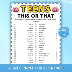 May include: A printable game sheet titled TEENS THIS OR THAT with a blue and white striped border. The page features a list of choices separated by the word or, with brain illustrations at the top and an instant download icon on the right side.