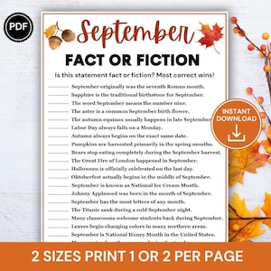 Puede incluir: Una hoja de juego imprimible titulada September Fact or Fiction con una lista de afirmaciones sobre el mes. El diseño presenta bellotas marrones, una hoja de arce roja y un icono naranja de descarga instantánea. Texto negro sobre fondo blanco.
