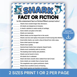 May include: A white game sheet titled SHARK FACT OR FICTION with a blue striped border. It features two cartoon sharks, one wearing sunglasses, and a list of twenty shark-related statements with dotted lines for answers and an INSTANT DOWNLOAD icon.