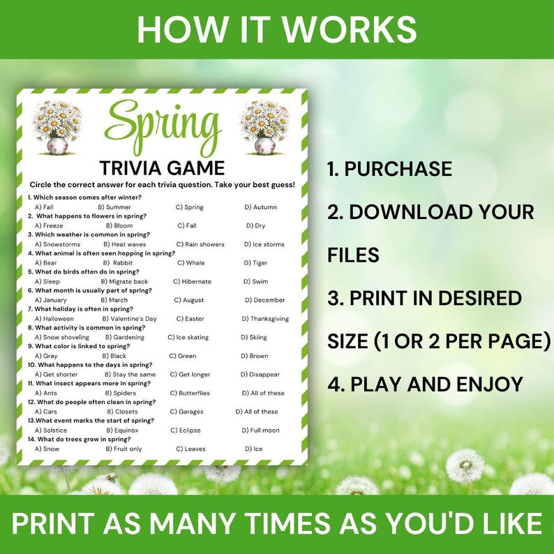 Spring Trivia Game, Printable Spring Trivia Quiz for Kids & Adults, Fun ...